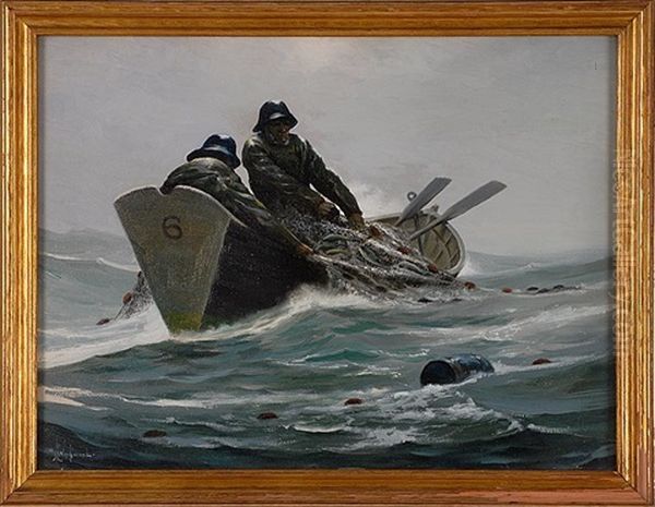 Two Fishermen In A Dory Hauling Nets Oil Painting by Chester K. Van Nortwick