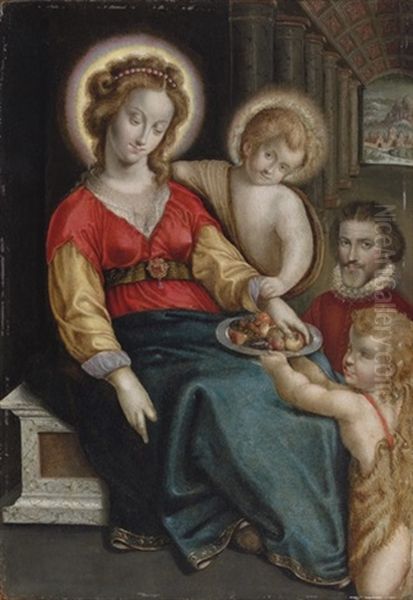 The Virgin And Child With The Infant Saint John The Baptist And A Donor, A Colonnade Leading To A Mountainous Landscape Beyond Oil Painting by Cesar Nostradamus