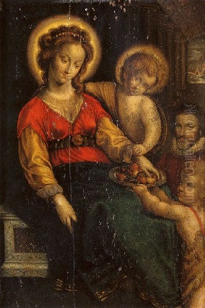 Vierge A L'enfant Avec Saint Jean Baptiste Et Un Donateur Oil Painting by Cesar Nostradamus