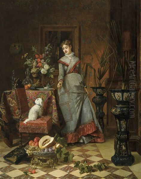 Bourgeois Interior With Lady And Her Little Dog Oil Painting by David de Noter