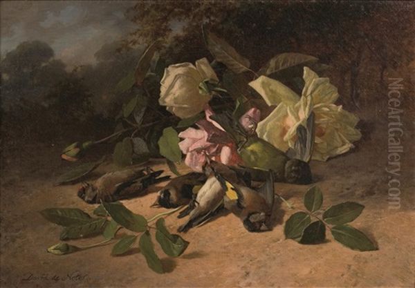 Nature Morte Aux Oiseaux (mesanges) Et Fleurs Oil Painting by David de Noter