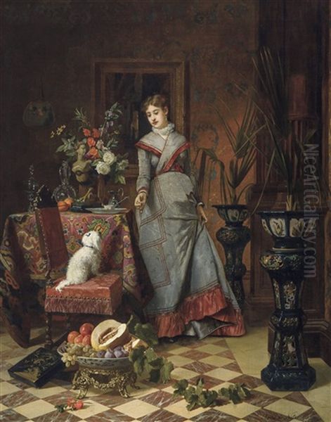 Interior With A Lay And Her Dog Oil Painting by David de Noter