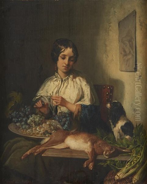 Jeune Fille Aux Raisins Et Au Chien Oil Painting by David Emile Joseph de Noter