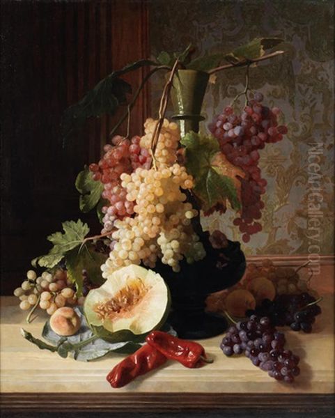 Still Life Of Fruits And A Vase On A Ledge Oil Painting by David Emile Joseph de Noter