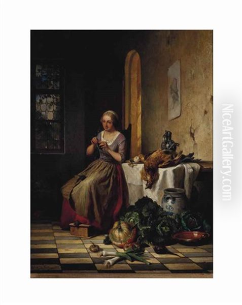 Woman Knitting In An Interior Oil Painting by David Emile Joseph de Noter