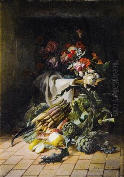 Nature Morte Aux Asperges Et Artichauts Oil Painting by David Emile Joseph de Noter