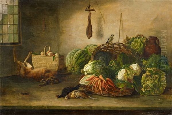 Still Life With Vegetable And Animals Oil Painting by David Emile Joseph de Noter