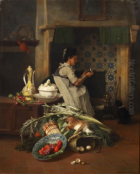 Kitchen Maid With Game And Vegetables Oil Painting by David Emile Joseph de Noter