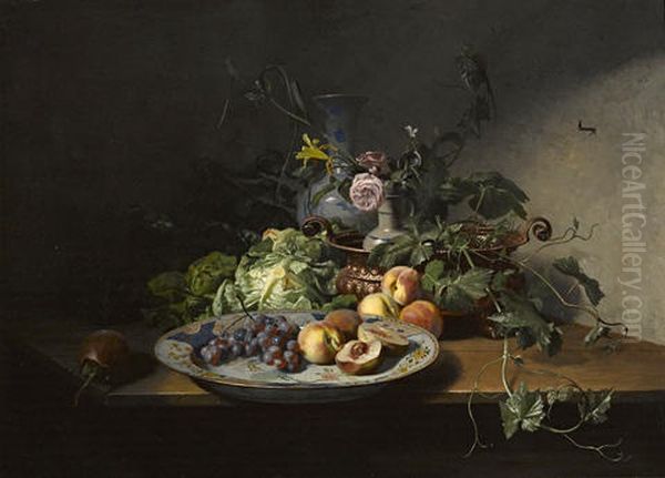 A Still Life Of Fruit And Vegetables With An Imari Dish, Copper Bowl And Other Porcelain Oil Painting by David Emile Joseph de Noter