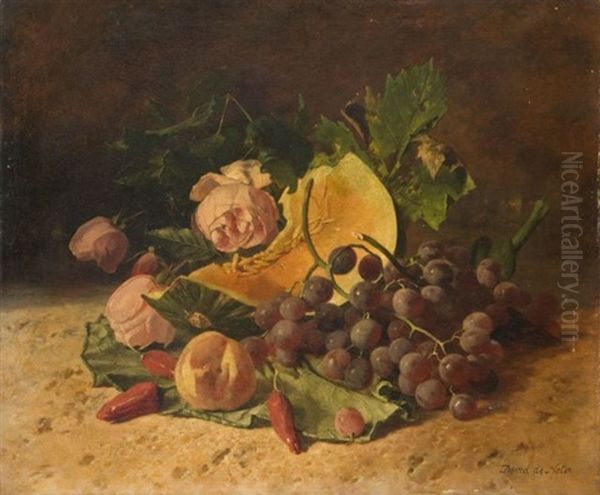 Composition Aux Raisins, Melon Et Aux Roses Oil Painting by David Emile Joseph de Noter