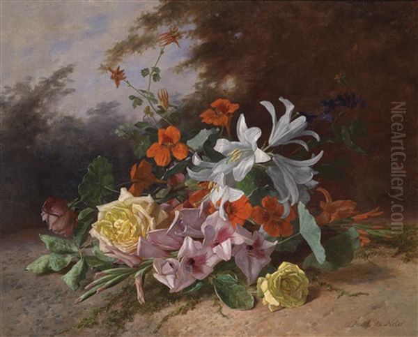 Blumenstuck Mit Rosen, Gladiolen Und Lilien Oil Painting by David Emile Joseph de Noter