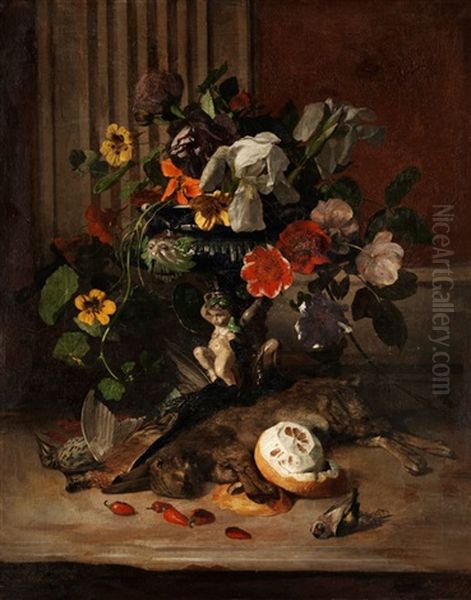 Blumenstilleben Mit Erlegten Wildhasen, Vogeln Und Einer Zitrone Oil Painting by David Emile Joseph de Noter