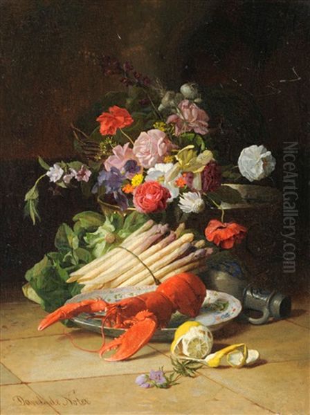 Still Life Of Flowers, Asparagus, Lobster And A Lemon Oil Painting by David Emile Joseph de Noter