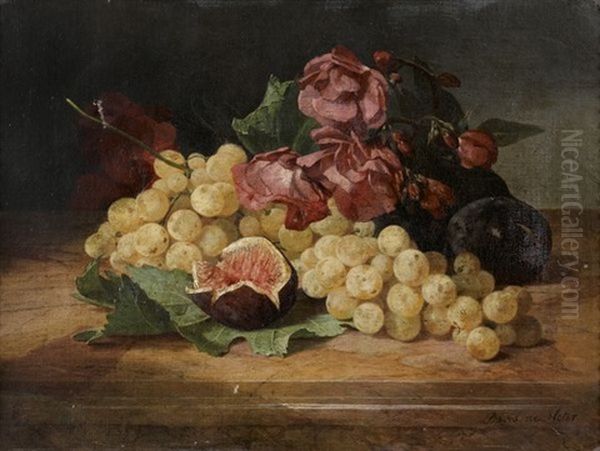 Natures Mortes Aux Raisins, Figues Et Fleurs (pair) Oil Painting by David Emile Joseph de Noter