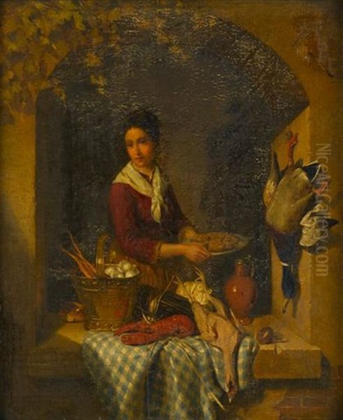 Woman With Tray, Lobster, Eggs And Fowl At A Casement Oil Painting by David Emile Joseph de Noter