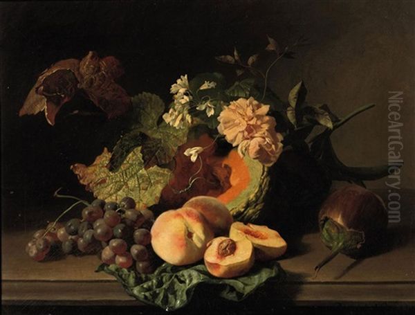 Roses, Peaches, Grapes And Other Fruits And Flowers On A Ledge by David Emile Joseph de Noter