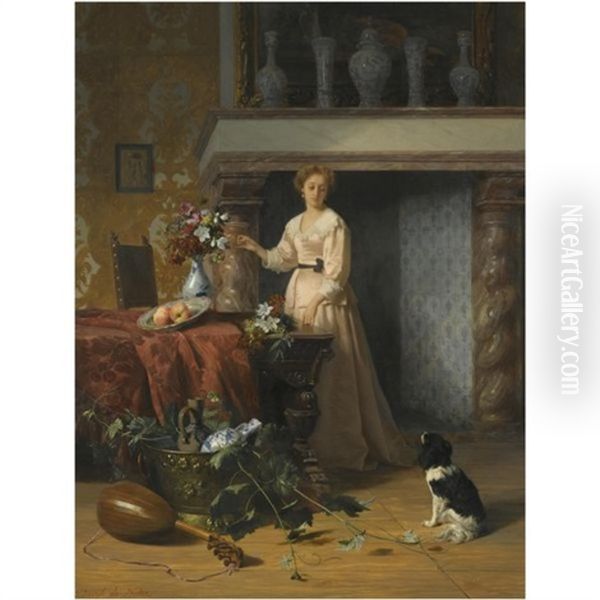 Arranging Flowers Oil Painting by David Emile Joseph de Noter