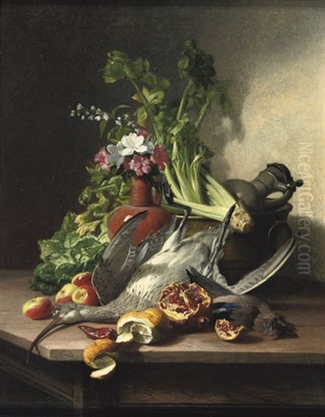 A Woodcock, A Jay, Vegetables, Fruit, Flowers Oil Painting by David Emile Joseph de Noter