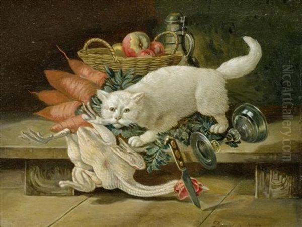 Stilleben Mit Katze Oil Painting by David Emile Joseph de Noter