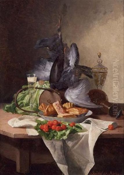 Still Life With Game, Fruit, Lettuce, Sweetbreads And Glasswear Oil Painting by David Emile Joseph de Noter