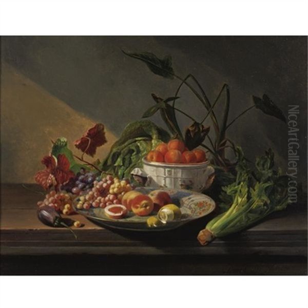 A Still Life With Fruit And Vegetables On A Table Oil Painting by David Emile Joseph de Noter