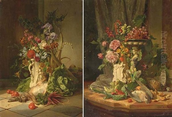 Fleurs, Fruits Et Oiseaux Sur Un Entablement (+ Fleurs, Legumes Et Lievre Sur Un Sol Dalle; 2 Works) Oil Painting by David Emile Joseph de Noter