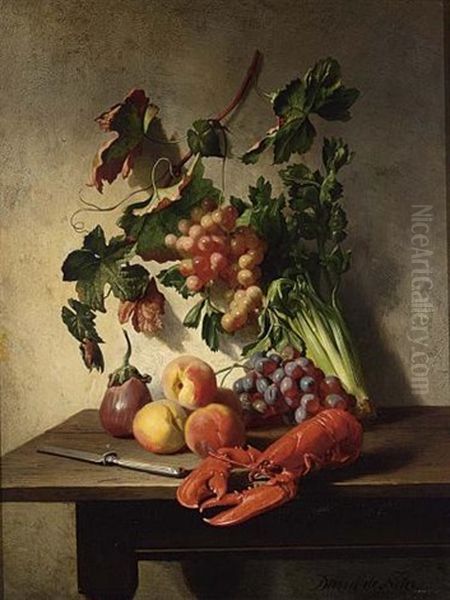 A Fruit And Vegetable Still Life With A Lobster And A Knife Oil Painting by David Emile Joseph de Noter