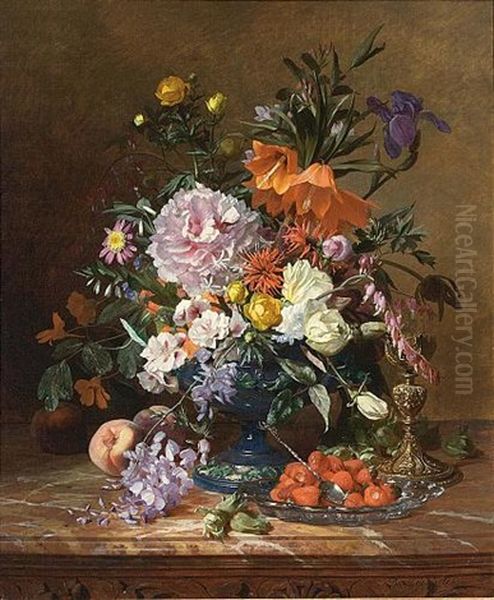 A Still Life With Flowers And Fruit Oil Painting by David Emile Joseph de Noter