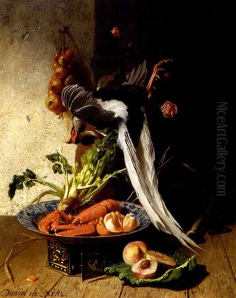 A Kitchen Still Life With A Pheasant, A Lobster, Various Fruits And Vegetables Oil Painting by David Emile Joseph de Noter