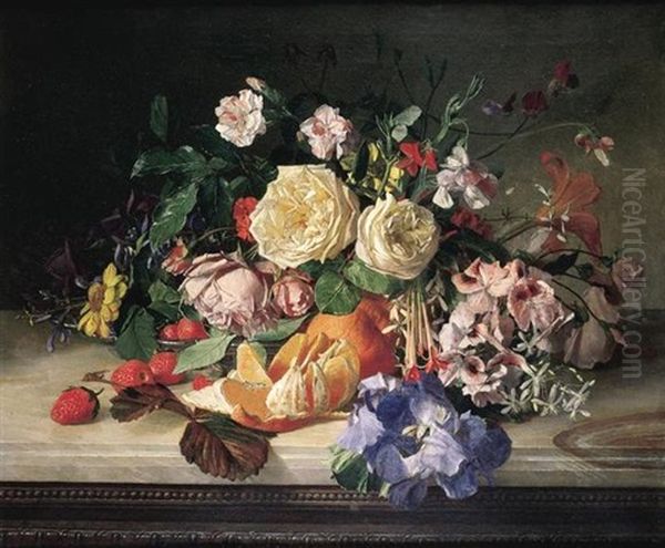 Bouquet De Fleurs Avec Des Oranges Sur Un Entablement Oil Painting by David Emile Joseph de Noter