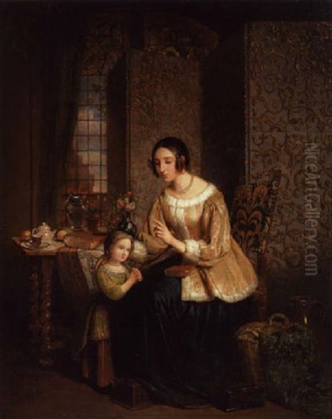 Interior Med Mor, Der Laerer Sin Lille Datter At Bede Aftenbon Oil Painting by David Emile Joseph de Noter