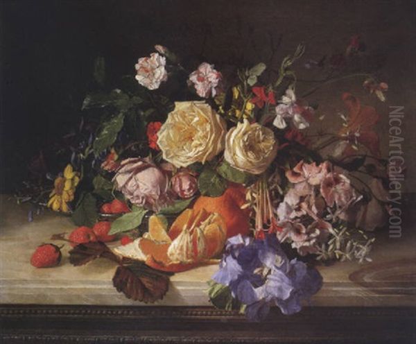 Bouquet De Fleurs Avec Des Oranges Sur Un Entablement Oil Painting by David Emile Joseph de Noter