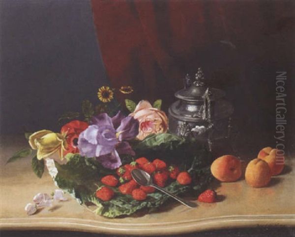 Still Life Of Flowers And Fruit Oil Painting by David Emile Joseph de Noter