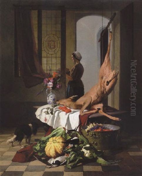 Hollandsk Interior Med Tjenestepige Og Hund Ved En Opstilling Med Jagtbytte, Grontsager, Frugter Og Blomster Oil Painting by David Emile Joseph de Noter