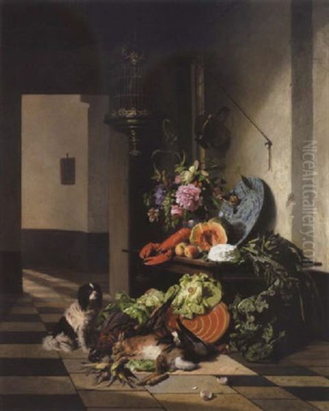 Hollandsk Interior Med Hund, Der Vogter Over Opstilling Med Jagtbytte, Rod Hummer, Grontsager Og Blomster Oil Painting by David Emile Joseph de Noter