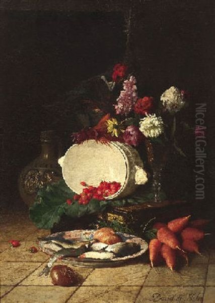 Variastilleben Mit Blumen, Frischem Gemuse, Waldbeeren Und Fischen Oil Painting by David Emile Joseph de Noter