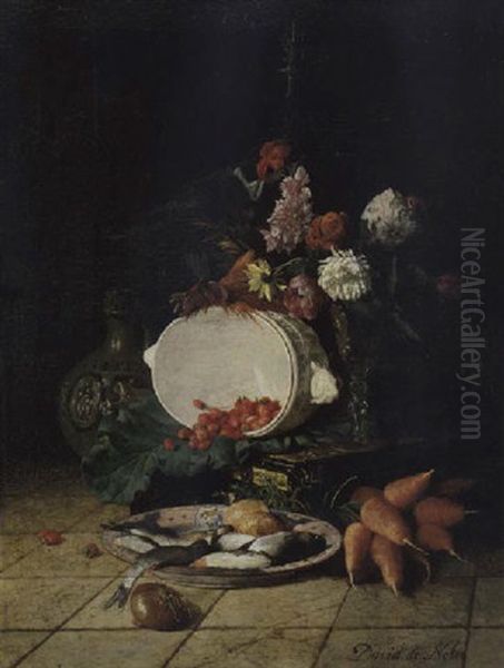 Stilleben Mit Blumen, Fruchten Und Fisch by David Emile Joseph de Noter