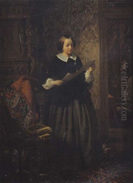 Une Jeune Femme Regardant Des Estampes Dans Un Interieur Flamand Oil Painting by David Emile Joseph de Noter