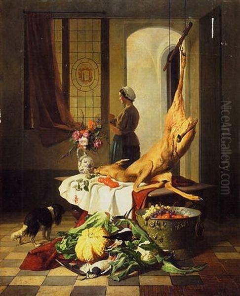 Interieur De Cellier Avec Servante Et Chien Oil Painting by David Emile Joseph de Noter