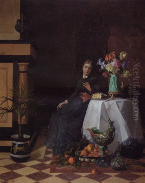 A Young Lady Seated At A Table In An Interior With Flowers, Fruits And Other Objects D'arts Oil Painting by David Emile Joseph de Noter