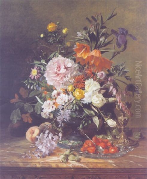 Still Life With Flowers, Peaches And Strawberries Oil Painting by David Emile Joseph de Noter