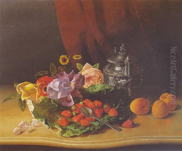 A Still Life Of Flowers And Strawberries Oil Painting by David Emile Joseph de Noter