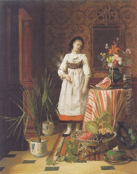 Lady With Flowers And Fruit In An Interior Oil Painting by David Emile Joseph de Noter