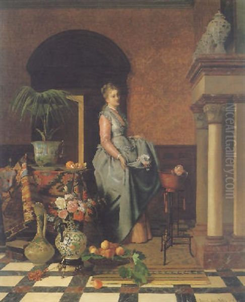 Lady With Flowers In An Interior Oil Painting by David Emile Joseph de Noter