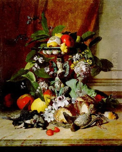 Nature Morte Aux Fruits Et Oiseaux Oil Painting by David Emile Joseph de Noter