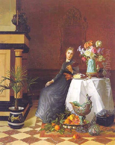 Lady In An Interior Oil Painting by David Emile Joseph de Noter