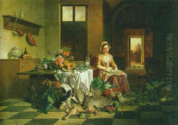 A Maid Seated In A Kitchen By A Table With Flowers, With Vegetables And Dead Fowl In The Foreground Oil Painting by David Emile Joseph de Noter