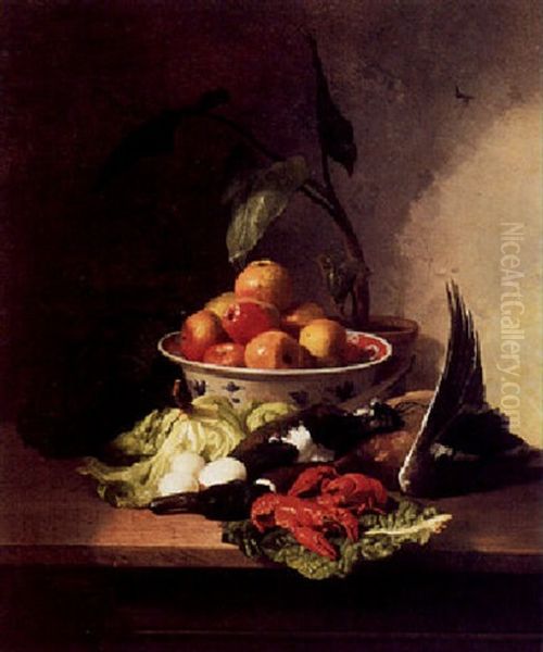 A Still Life With Lobster, Poultry, And Fruit In A Porcelain Bowl Oil Painting by David Emile Joseph de Noter