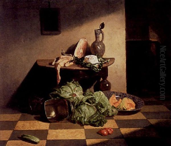 A Still Life With Ham And Melons In A Porcelain Bowl Oil Painting by David Emile Joseph de Noter