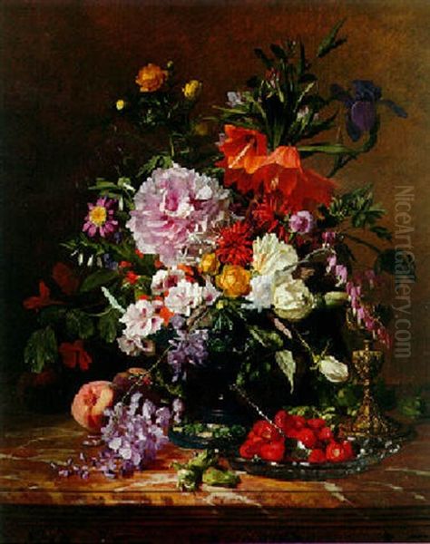 Still Life With Flowers And Strawberries On A Marble Ledge Oil Painting by David Emile Joseph de Noter